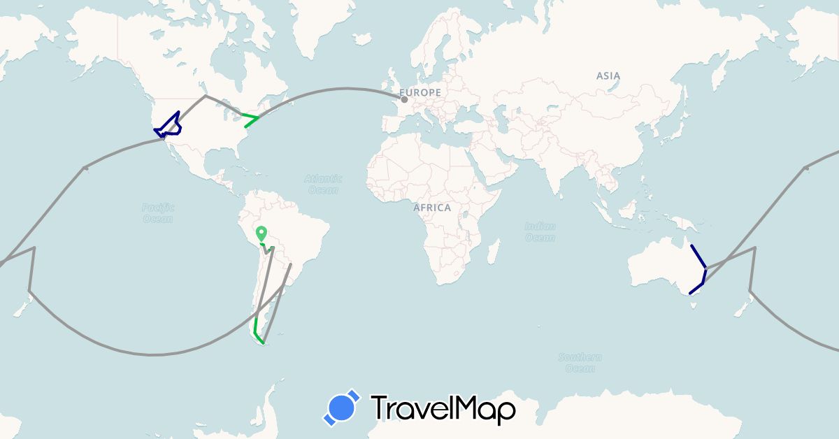 TravelMap itinerary: driving, bus, plane in Argentina, Australia, Bolivia, Brazil, Canada, Chile, Fiji, France, New Caledonia, New Zealand, United States (Europe, North America, Oceania, South America)